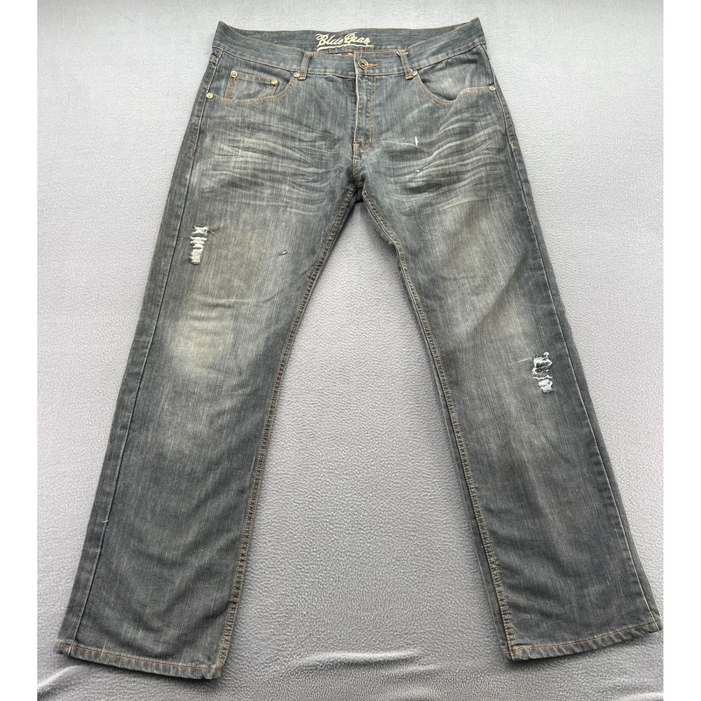 Blue Gear Jeans Mens Distressed Straight Leg Dark Wash Embroidered Pockets 38x34